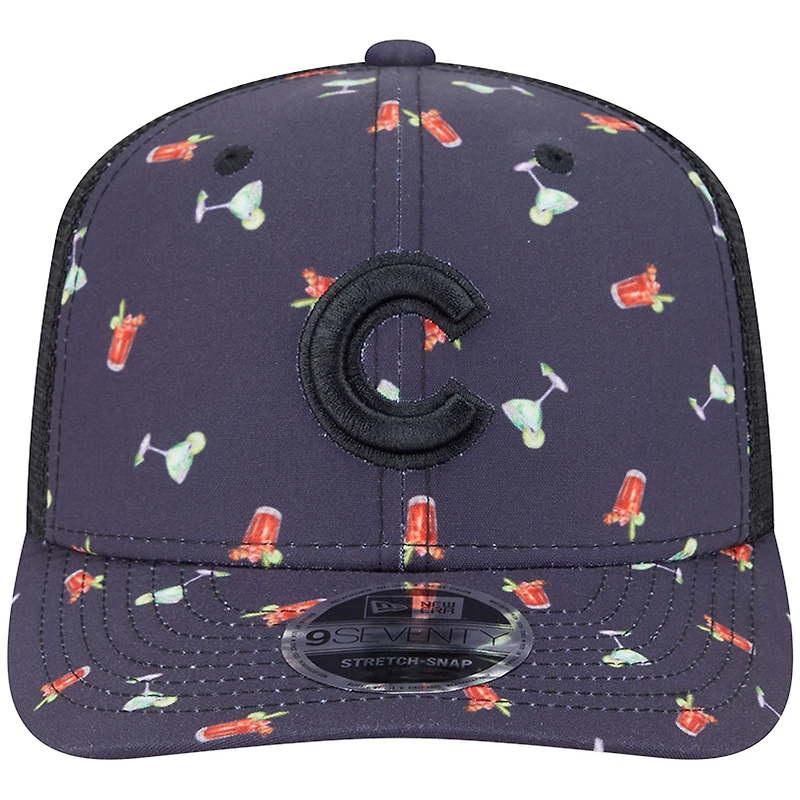 Men's New Era Black Chicago Cubs Adventure Drinks Pattern 9SEVENTY Stretch-Snap Hat