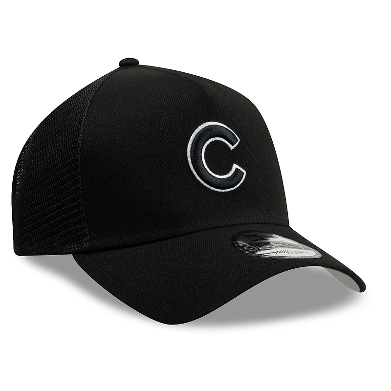 Men's New Era Black Chicago Cubs Side Script 9FORTY A-Frame Trucker Adjustable Hat