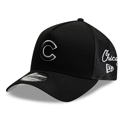 Men's New Era Black Chicago Cubs Side Script 9FORTY A-Frame Trucker Adjustable Hat