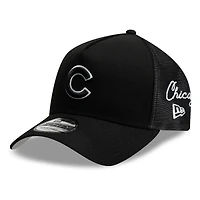 Men's New Era Black Chicago Cubs Side Script 9FORTY A-Frame Trucker Adjustable Hat