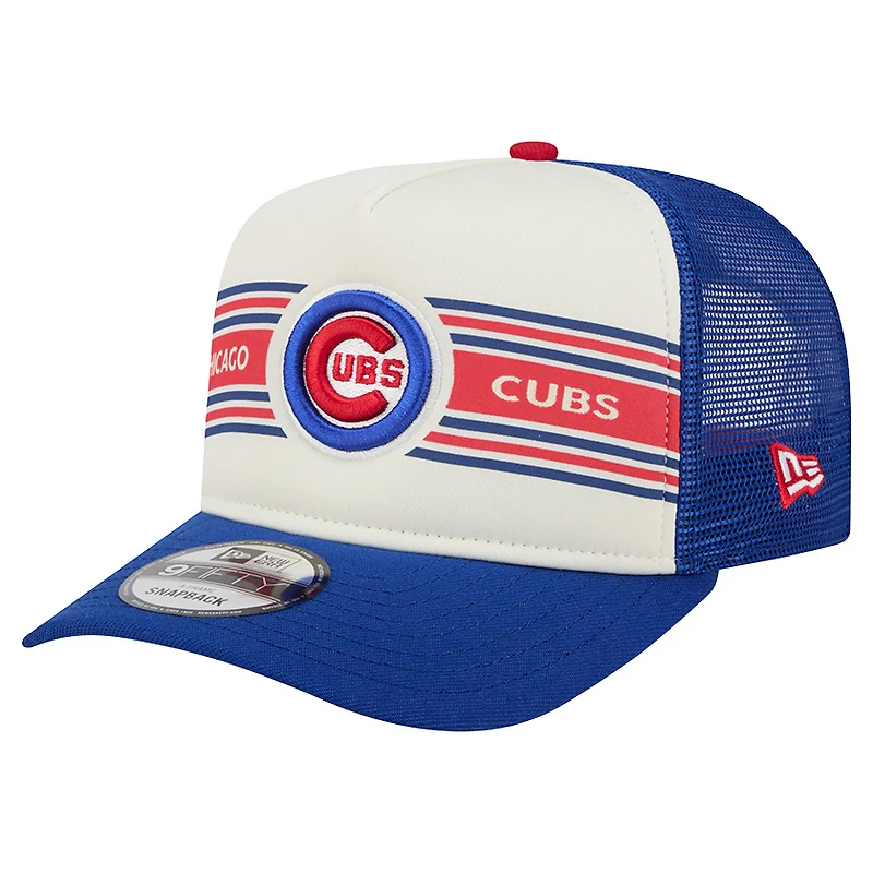 Men's New Era Cream/Royal Chicago Cubs Banner A-Frame 9FIFTY Trucker Snapback Hat