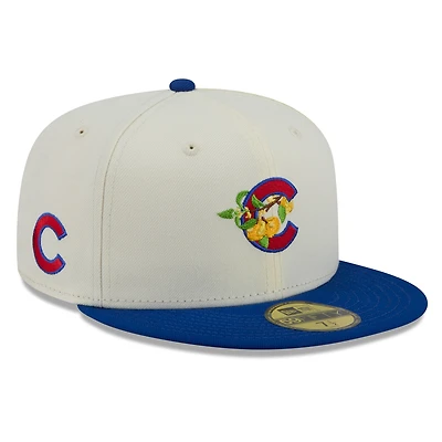 Casquette ajustée New Era 59FIFTY pour homme, blanche et bleue, motif floral des Cubs de Chicago