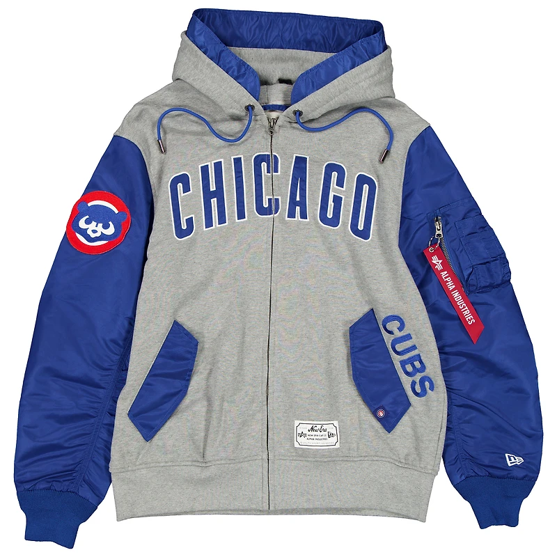 Veste à capuche zippée pour homme New Era x Alpha Industries, gris chiné/bleu royal, Chicago Cubs