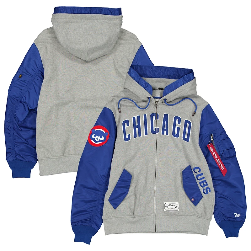 Veste à capuche zippée pour homme New Era x Alpha Industries, gris chiné/bleu royal, Chicago Cubs