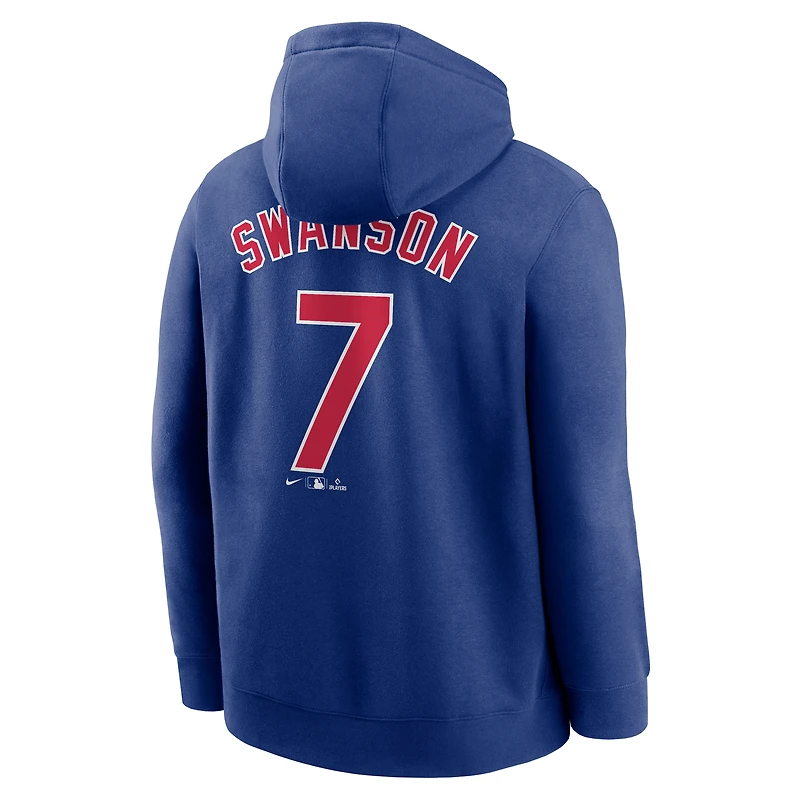 Sweat à capuche Nike Dansby Swanson Royal Chicago Cubs pour homme avec nom et numéro de joueur