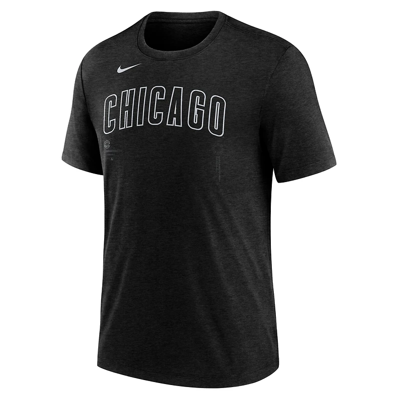 T-shirt Nike noir chiné pour homme avec logo tri-blend des Chicago Cubs