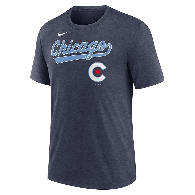 T-shirt Nike Heather Navy Chicago Cubs City Connect Script pour homme