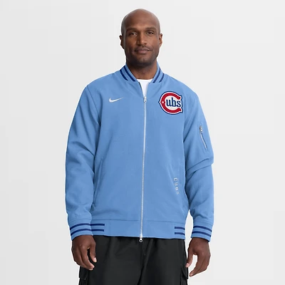 Veste bomber zippée décontractée Nike Chicago Cubs Authentic Collection Dugout, bleu clair, pour homme