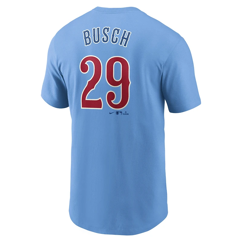 T-shirt Nike Michael Busch Baby Blue pour homme avec nom et numéro Fuse des Chicago Cubs
