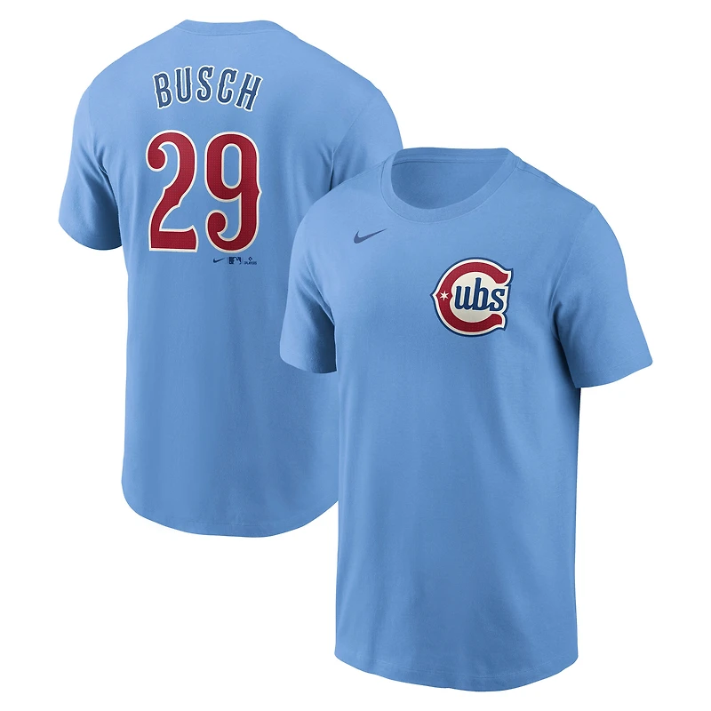 T-shirt Nike Michael Busch Baby Blue pour homme avec nom et numéro Fuse des Chicago Cubs