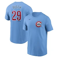 T-shirt Nike Michael Busch Baby Blue pour homme avec nom et numéro Fuse des Chicago Cubs