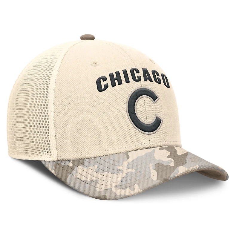 Casquette de camionneur ajustable Nike Natural Chicago Cubs Camo Natural Pack Rise pour homme