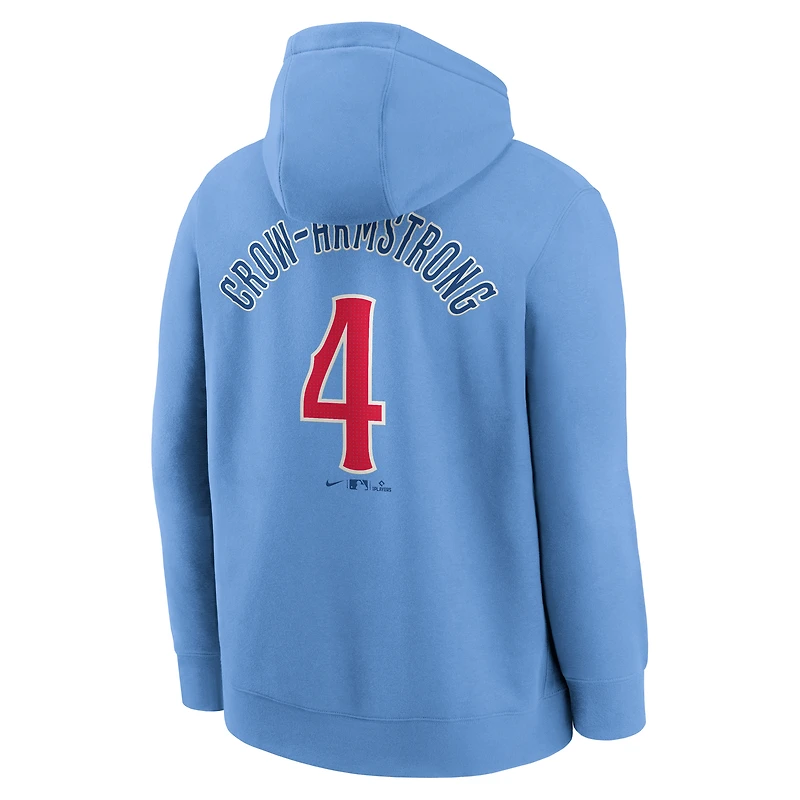 Sweat à capuche Nike Pete Crow-Armstrong bleu clair pour homme, avec nom et numéro du joueur des Chicago Cubs