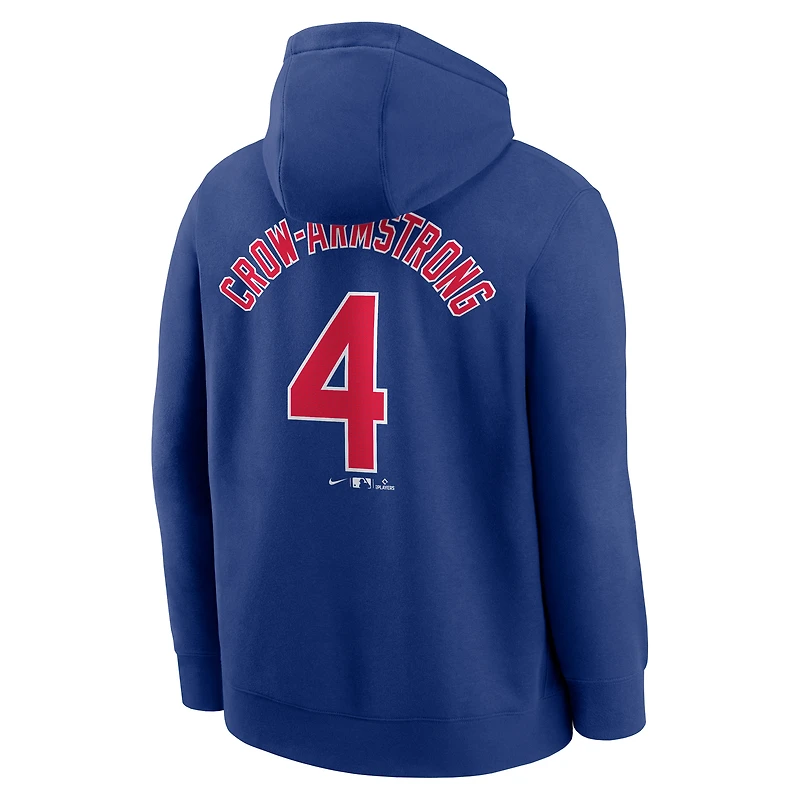 Sweat à capuche Nike Pete Crow-Armstrong Royal Chicago Cubs pour homme avec nom et numéro de joueur en molleton