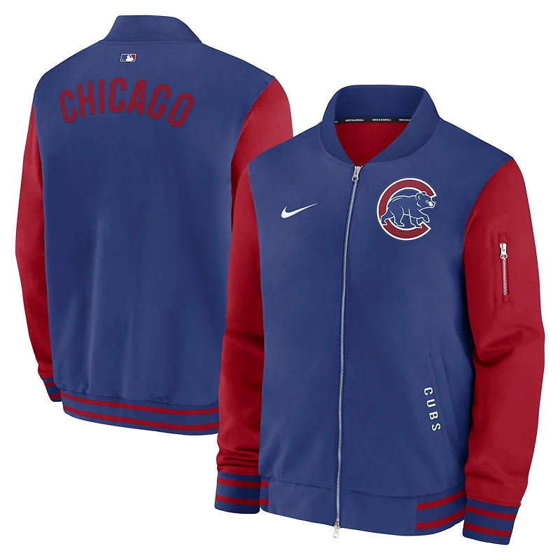 Veste aviateur Nike pour homme, coupe décontractée, entièrement zippée, collection authentique des Chicago Cubs, bleu royal/rouge
