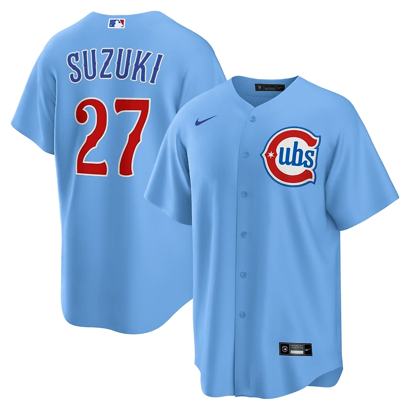 Maillot réplique de joueur alternatif Nike Seiya Suzuki bleu clair des Chicago Cubs pour homme