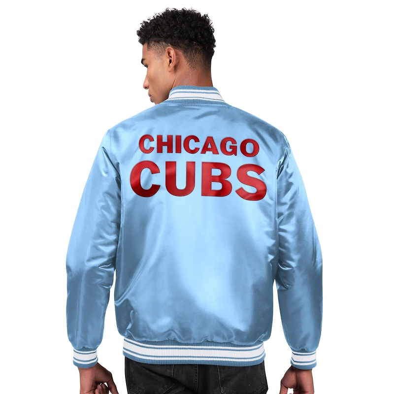 Veste universitaire en satin bleu clair pour homme Starter Chicago Cubs Locker Room avec boutons-pression