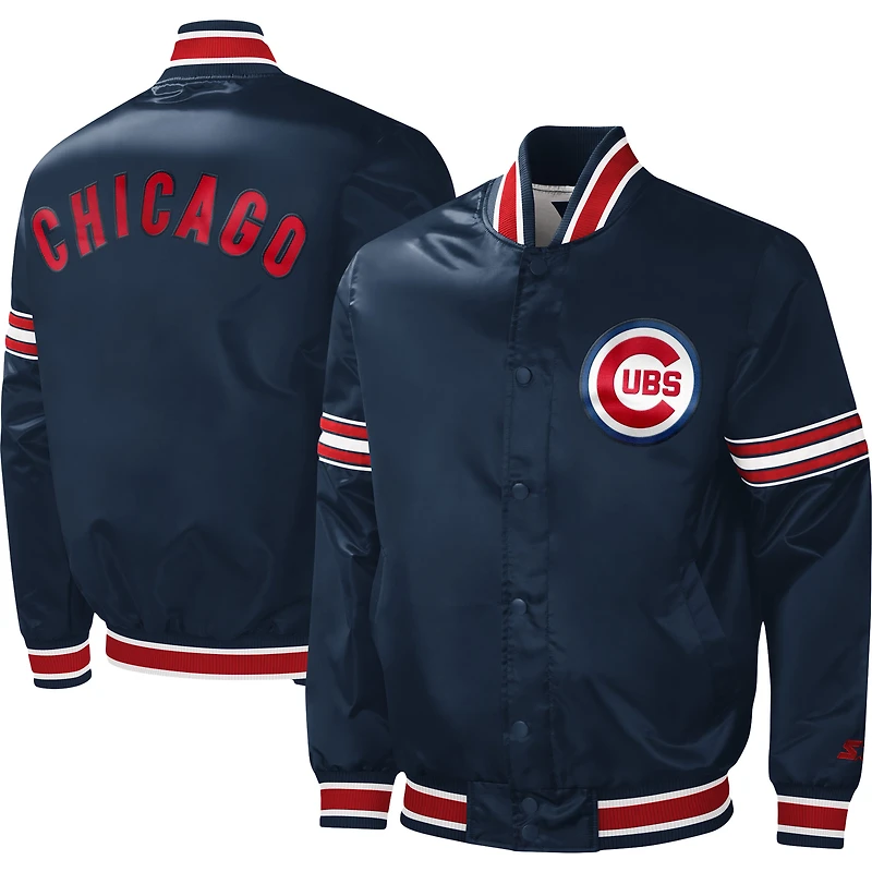 Veste universitaire Starter bleu marine Chicago Cubs Slider en satin à boutons-pression pour homme