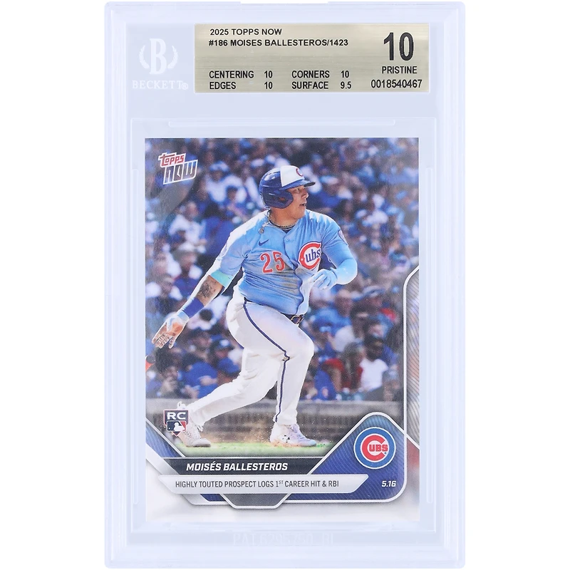 Moisés Ballesteros, Chicago Cubs, carte recrue Topps Now 2025, espoir très prometteur, premier coup sûr et premier point produit en carrière, n° 186, authentifiée BGS 10 - Sous-notes : 10, 10, 10, 9,5