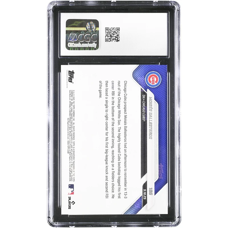 Carte recrue n° 186 authentifiée CGC de Moisés Ballesteros, joueur prometteur des Cubs de Chicago (2025 Topps Now MLB), premier coup sûr et point produit en carrière. Authentifiée CGC.