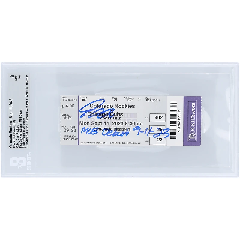 Pete Crow-Armstrong, les Chicago Cubs, ont autographié le billet MLB Debut 9/10 authentifié des fans de Beckett du 11 septembre 2023 avec l'inscription « MLB Debut 11»