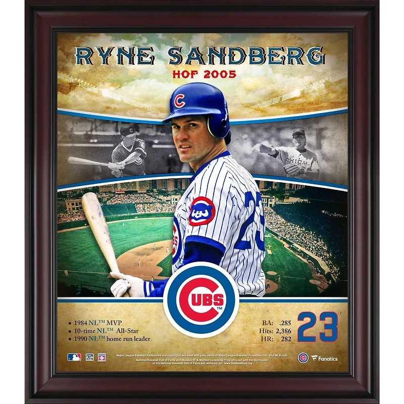 Profil de carrière du Temple de la renommée de Ryne Sandberg Chicago Cubs encadré 15" x 17"
