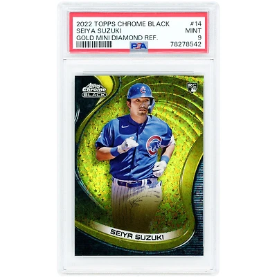 Carte de recrue Seiya Suzuki Chicago Cubs 2022 Topps Chrome Black Gold Mini Diamond Refractor n° 14 n° 7/50 authentifiée PSA 9
