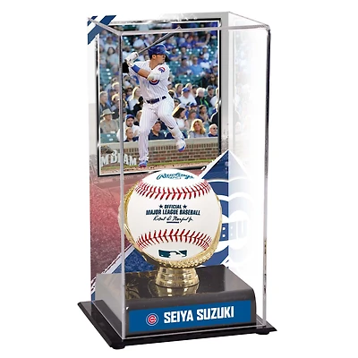 Vitrine de présentation des gants dorés des Chicago Cubs de Seiya Suzuki avec image