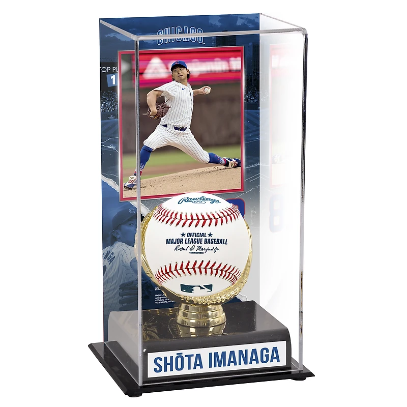 Vitrine de gants dorés sublimés avec image de Shōta Imanaga des Chicago Cubs
