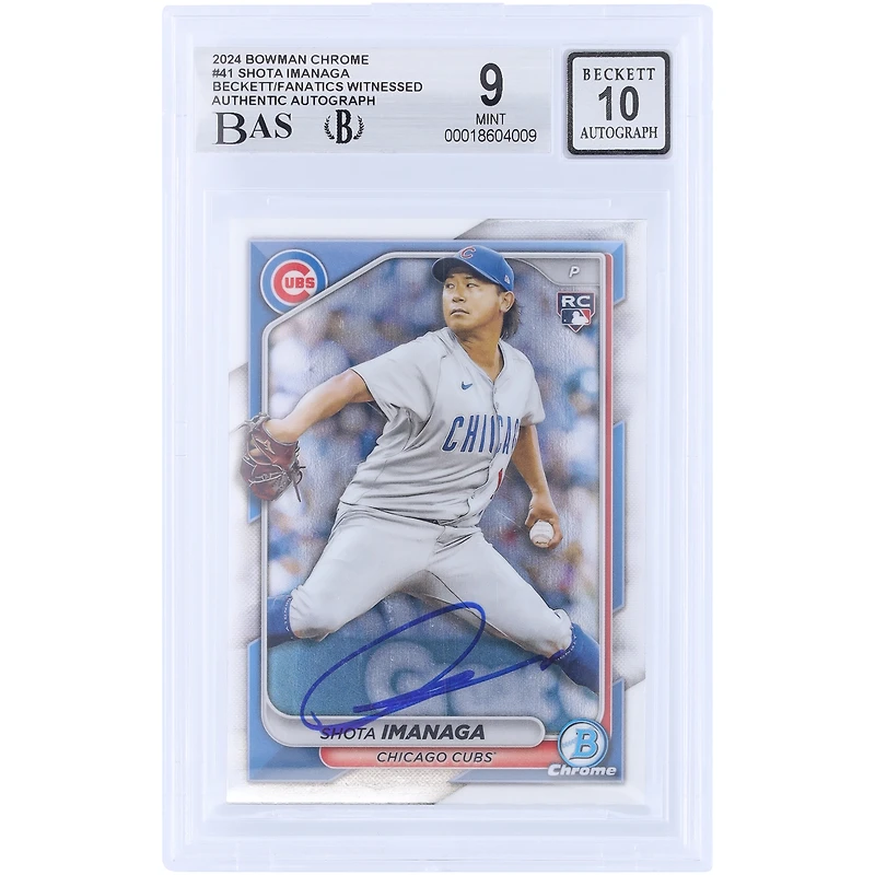 Carte de recrue Shota Imanaga des Cubs de Chicago, autographiée (Topps Bowman Chrome 2024 n° 41), authentifiée Beckett Fanatics Witnessed (9/10).
