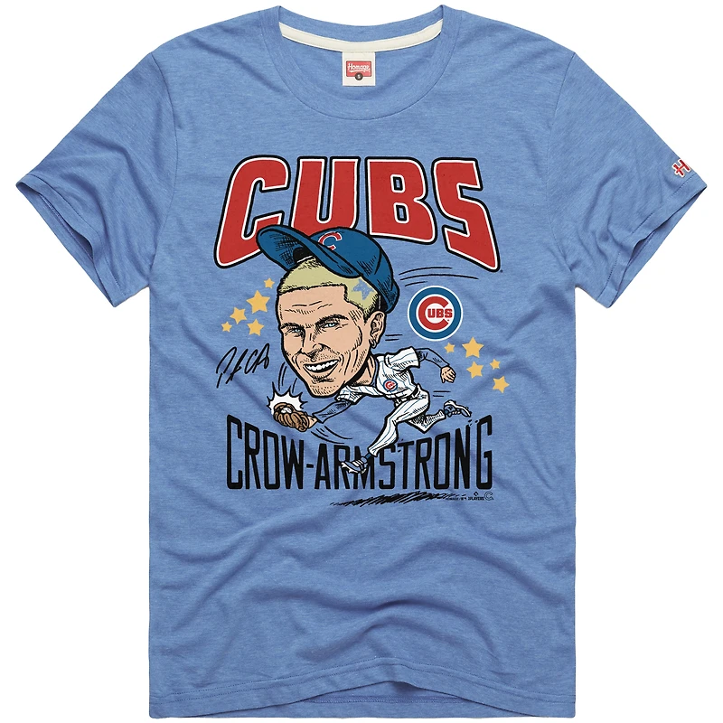 T-shirt unisexe bleu clair hommage à Pete Crow-Armstrong, caricature des Chicago Cubs, mélange tricolore