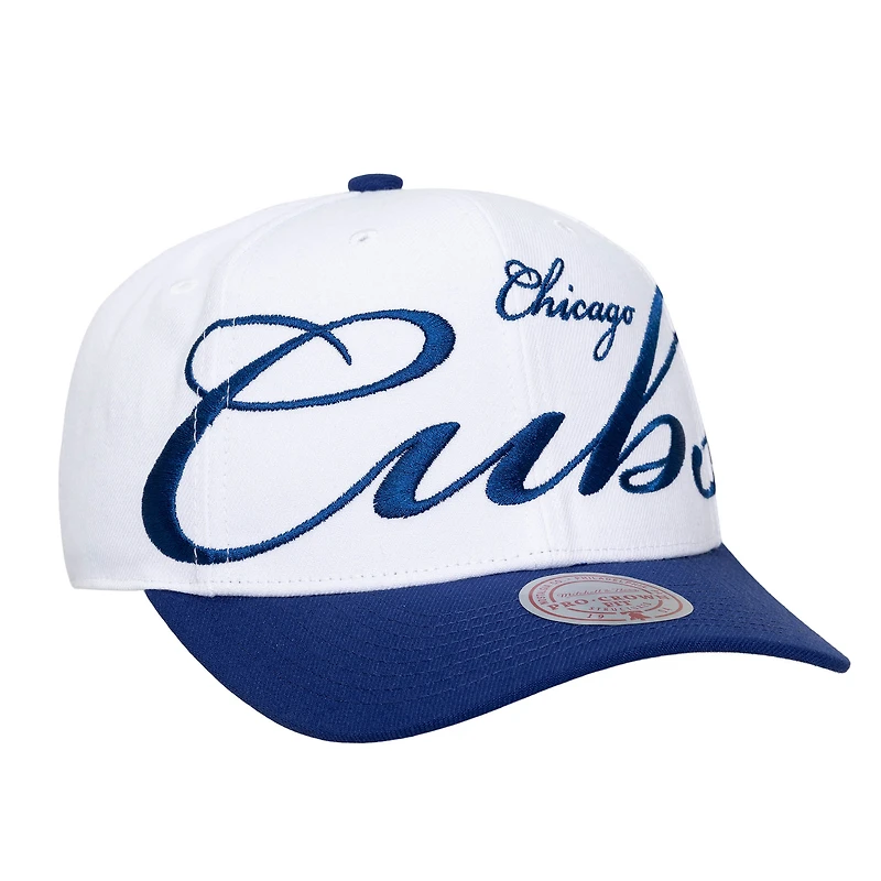 Casquette unisexe Mitchell & Ness blanche/bleu roi Chicago Cubs XL Script Pro Crown ajustable