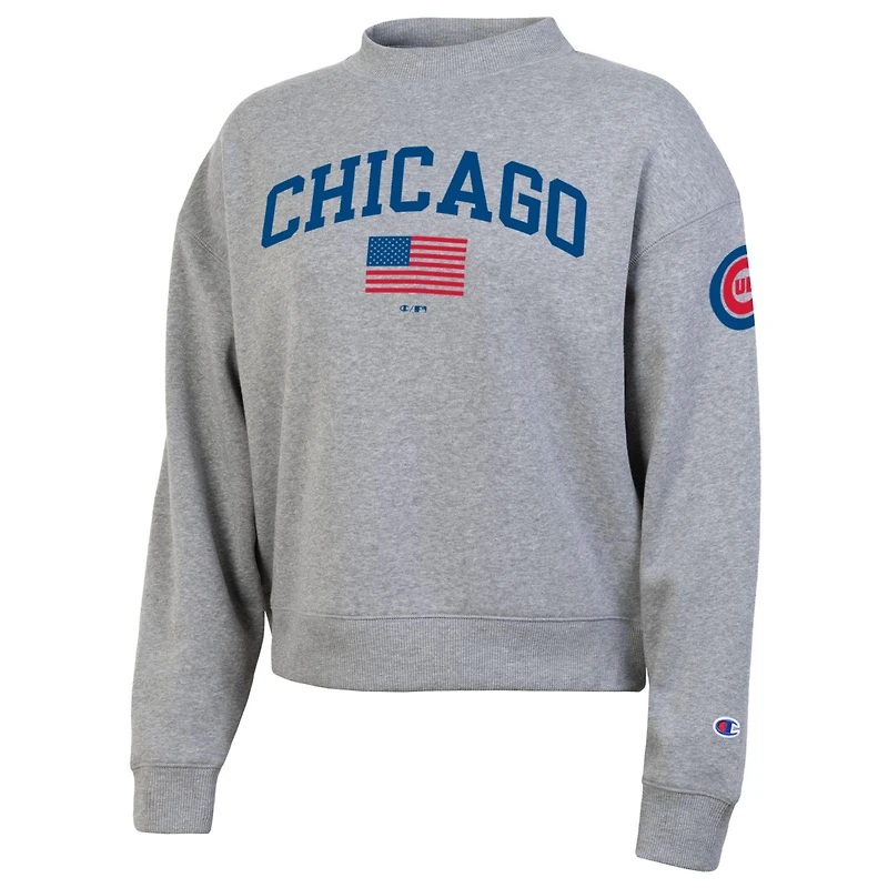 Women's Champion  Heather Gray Chicago Cubs Americana Triumph Fleece Tri-Blend Sweatshirt