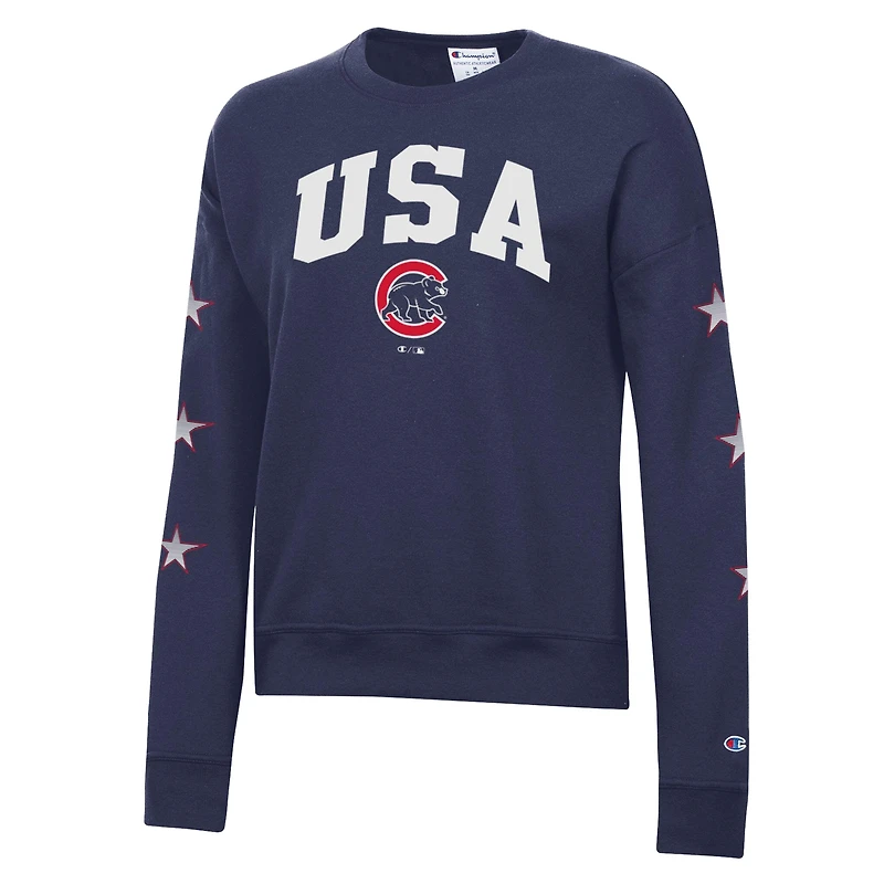 Women's Champion Navy Chicago Cubs Americana Fleece Crewneck Sweatshirt
