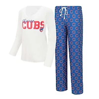 Ensemble de nuit Concepts Sport pour femme, blanc/bleu roi, haut à manches longues et col en V, pantalon Gauge, aux couleurs des Chicago Cubs.