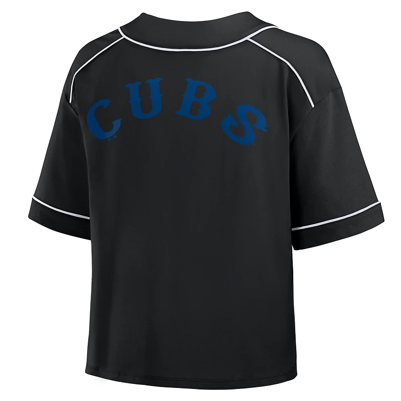 T-shirt court à col en V surdimensionné noir des Chicago Cubs pour femme