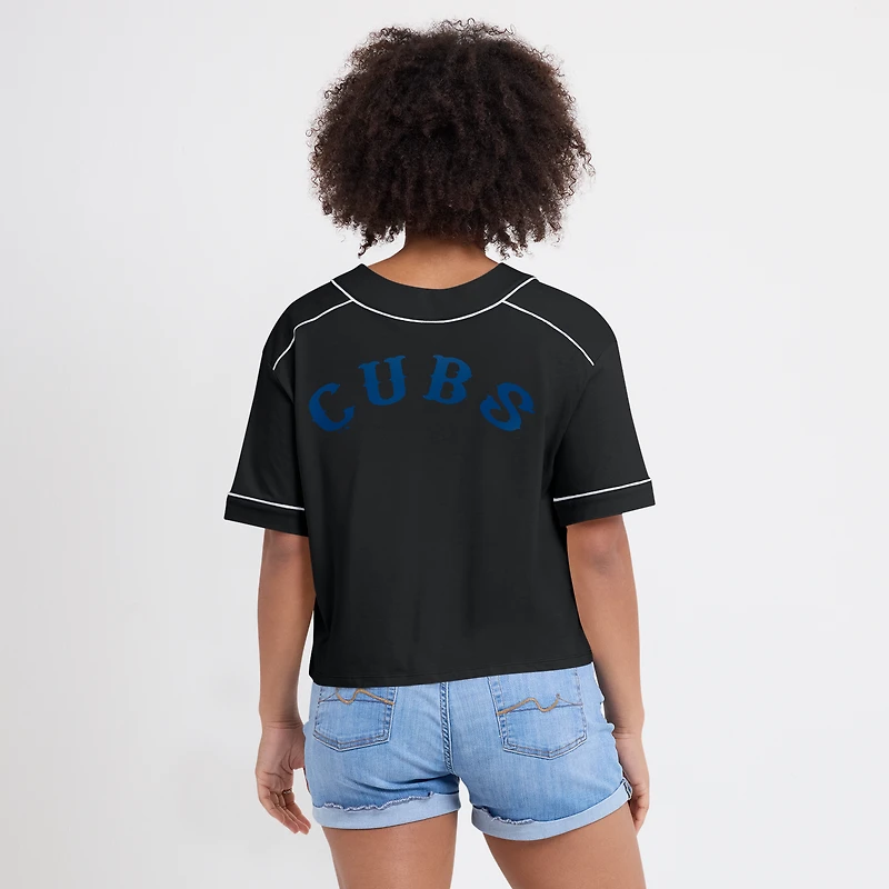 T-shirt court à col en V surdimensionné noir des Chicago Cubs pour femme