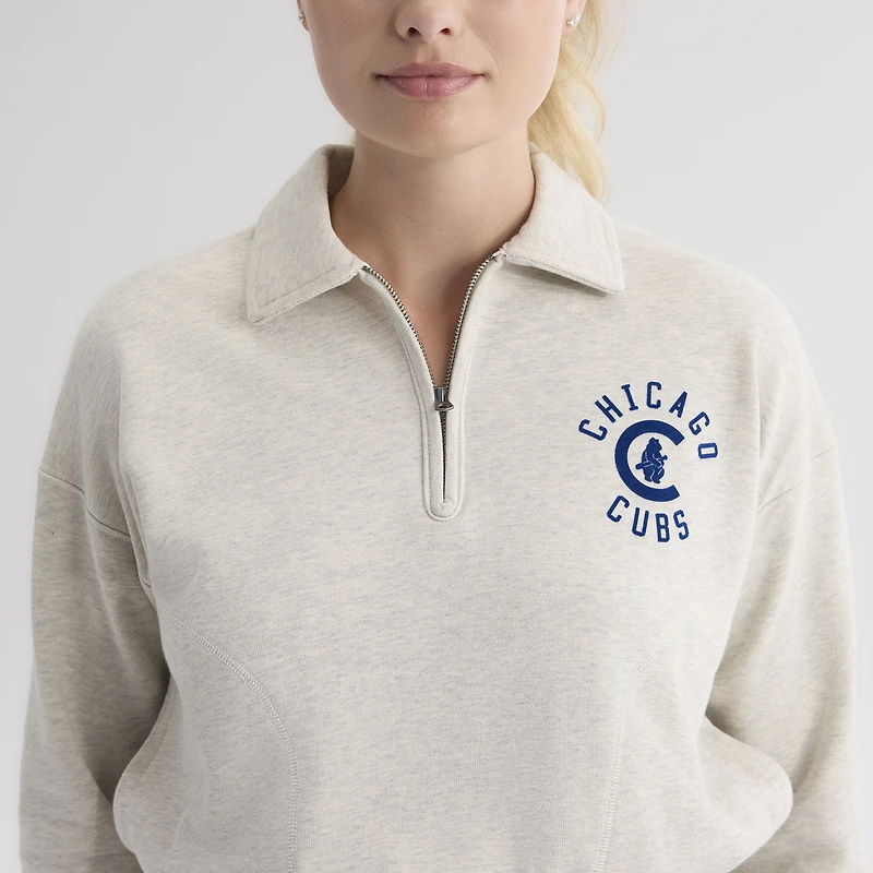 Women's Fanatics Oatmeal Heather Chicago Cubs Iconic Terry Quarter-Zip Sweatshirt