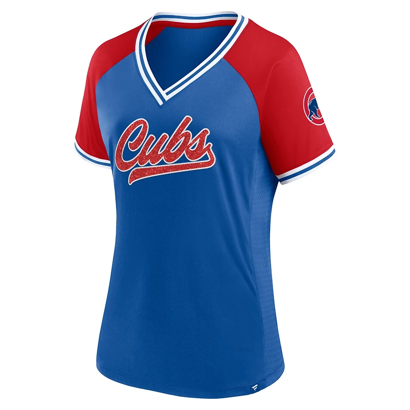 T-shirt à col en V Fanatics Royal Chicago Cubs Glitz & Glam League Diva Raglan pour femmes