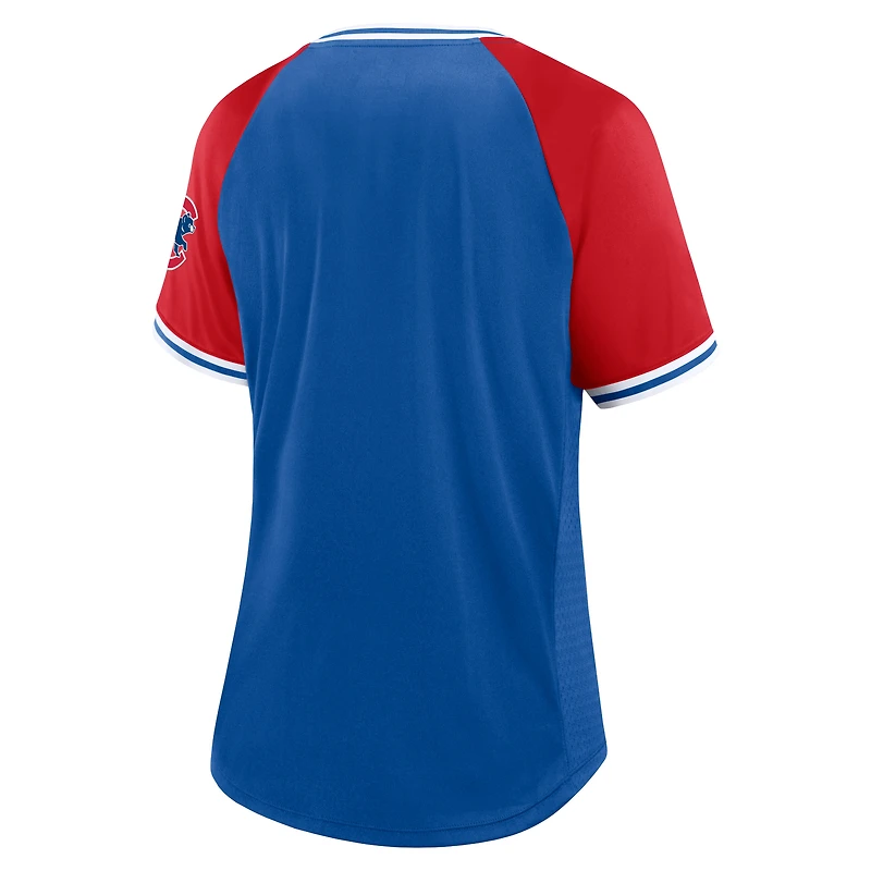 T-shirt à col en V Fanatics Royal Chicago Cubs Glitz & Glam League Diva Raglan pour femmes