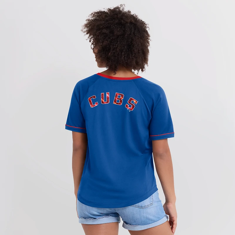 T-shirt col en V raglan pour femme Fanatics Royal Chicago Cubs League Diva Star