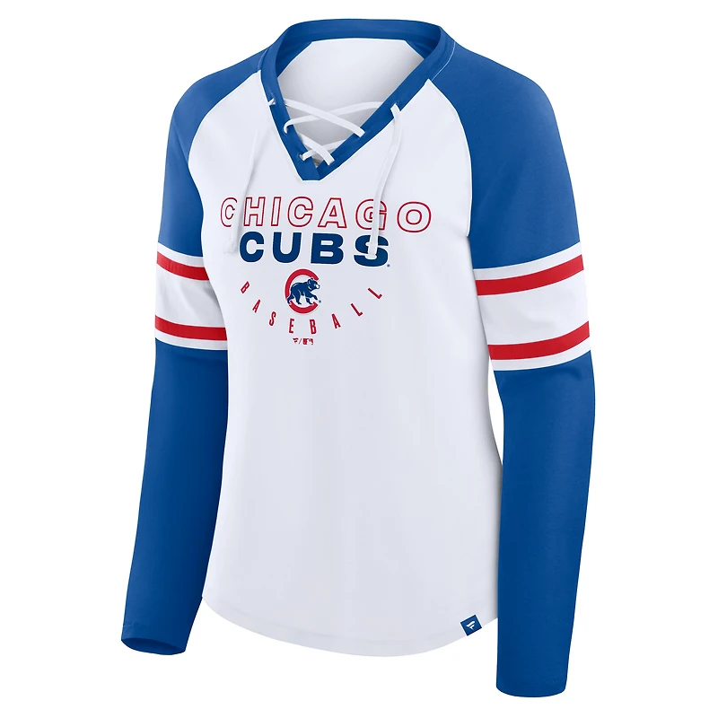 T-shirt à manches longues et col en V lacets raglan pour femme Fanatics, blanc/bleu roi, Chicago Cubs Blitz Package