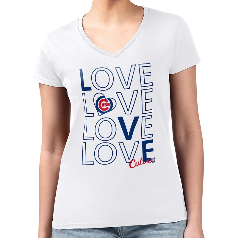 T-shirt G-III 4Her pour femme par Carl Banks, blanc, Chicago Cubs, coupe ultra-slim, léger, motif « Love », col en V.