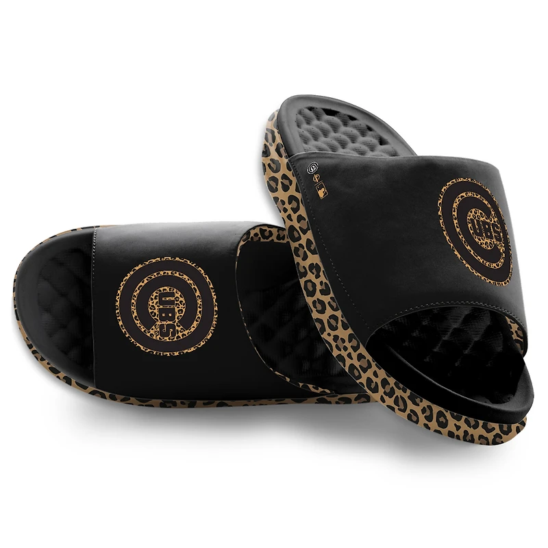 Sandales à enfiler ISlide noires pour femmes, motif guépard des Chicago Cubs