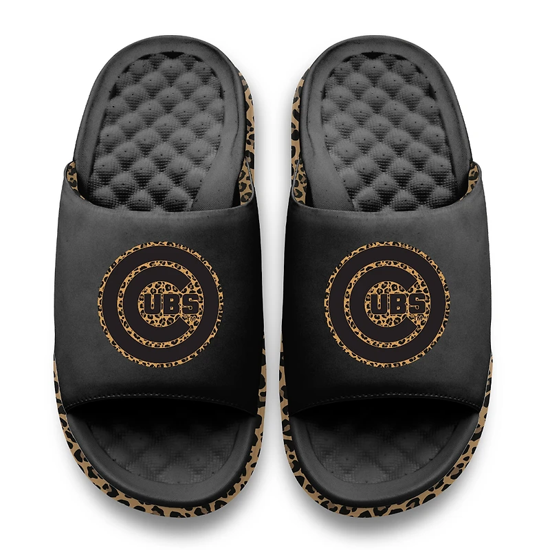 Sandales à enfiler ISlide noires pour femmes, motif guépard des Chicago Cubs
