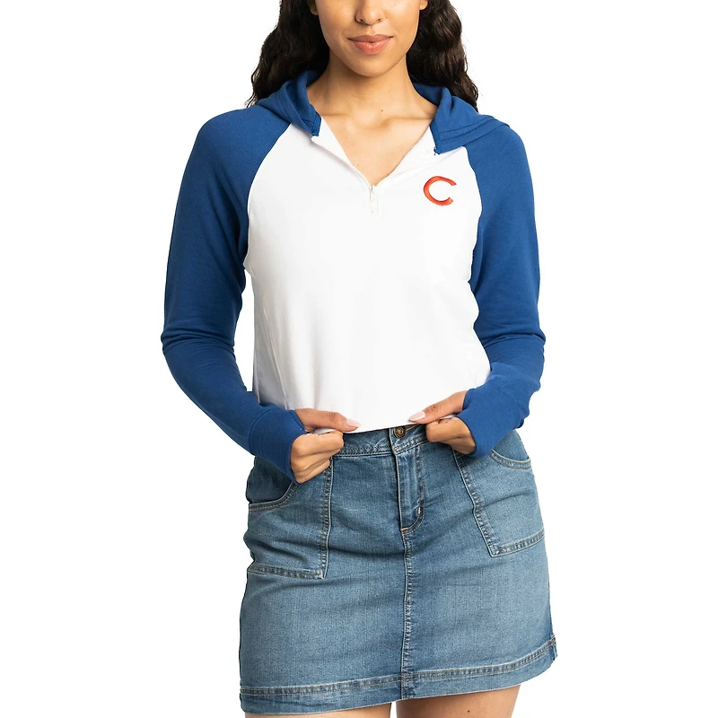 Women's Lusso White Chicago Cubs Jane Raglan Quarter-Zip Tri-Blend Cropped Pullover Hoodie