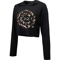 Women's Majestic Threads Black Chicago Cubs Leopard Cropped Hoodie