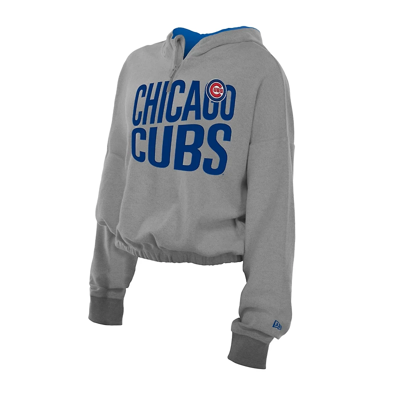 Women's New Era  Heather Gray Chicago Cubs Reversed Out French Terry Quarter-Zip Banded Crop Hoodie
