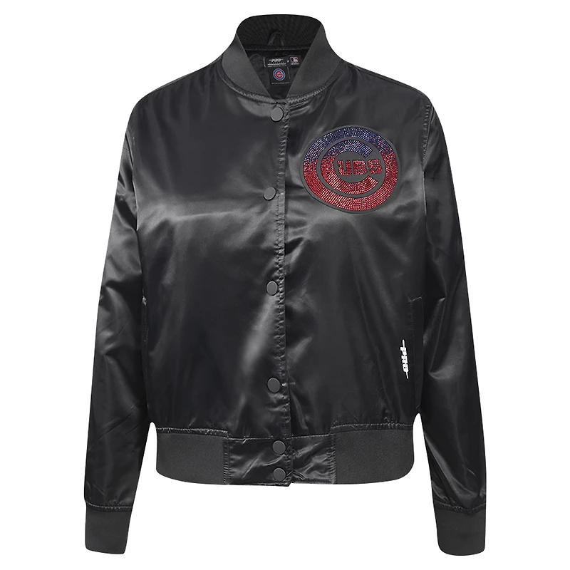 Women's Pro Standard Black Chicago Cubs Rhinestone Satin Full-Snap Jacket