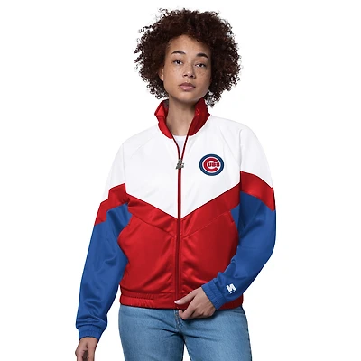 Veste de survêtement blanche/rouge à fermeture éclair intégrale pour femme des Chicago Cubs Teamwork Raglan
